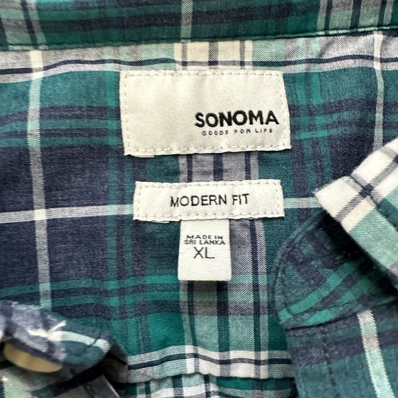 Men's Sonoma XL Long Sleeve Navy/Green/White Plaid Casual Button Down Shirt - Picture 3 of 3